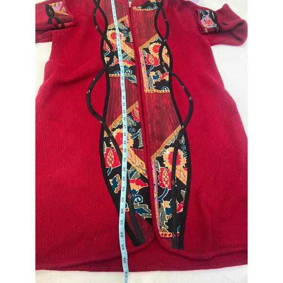 KOOS of Course! Red Open Cardigan Applique Sweater Silk Wool Sz 1X Asian Kimono - Picture 10 of 11